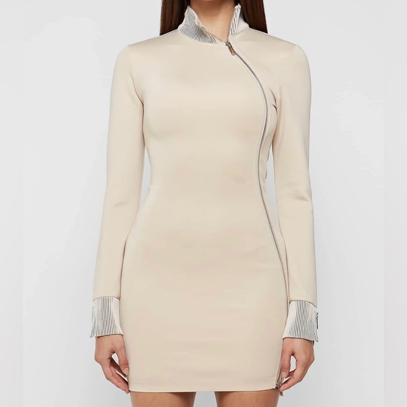 Maniere De Voir High Neck Neoprene Zip Detail Dress Beige Size 2 - Picture 2 of 9